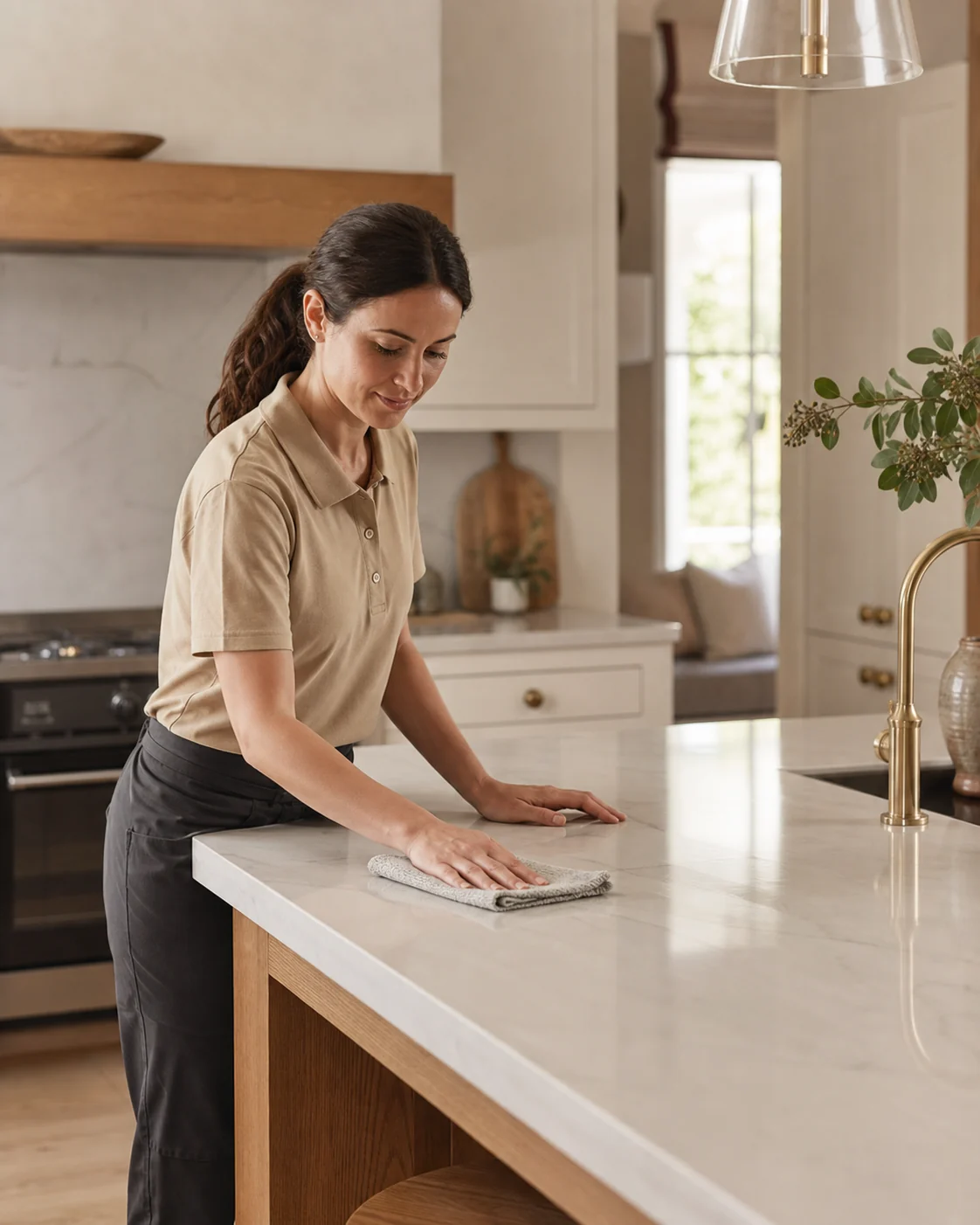 A professional cleaner carefully wiping a bright kitchen island